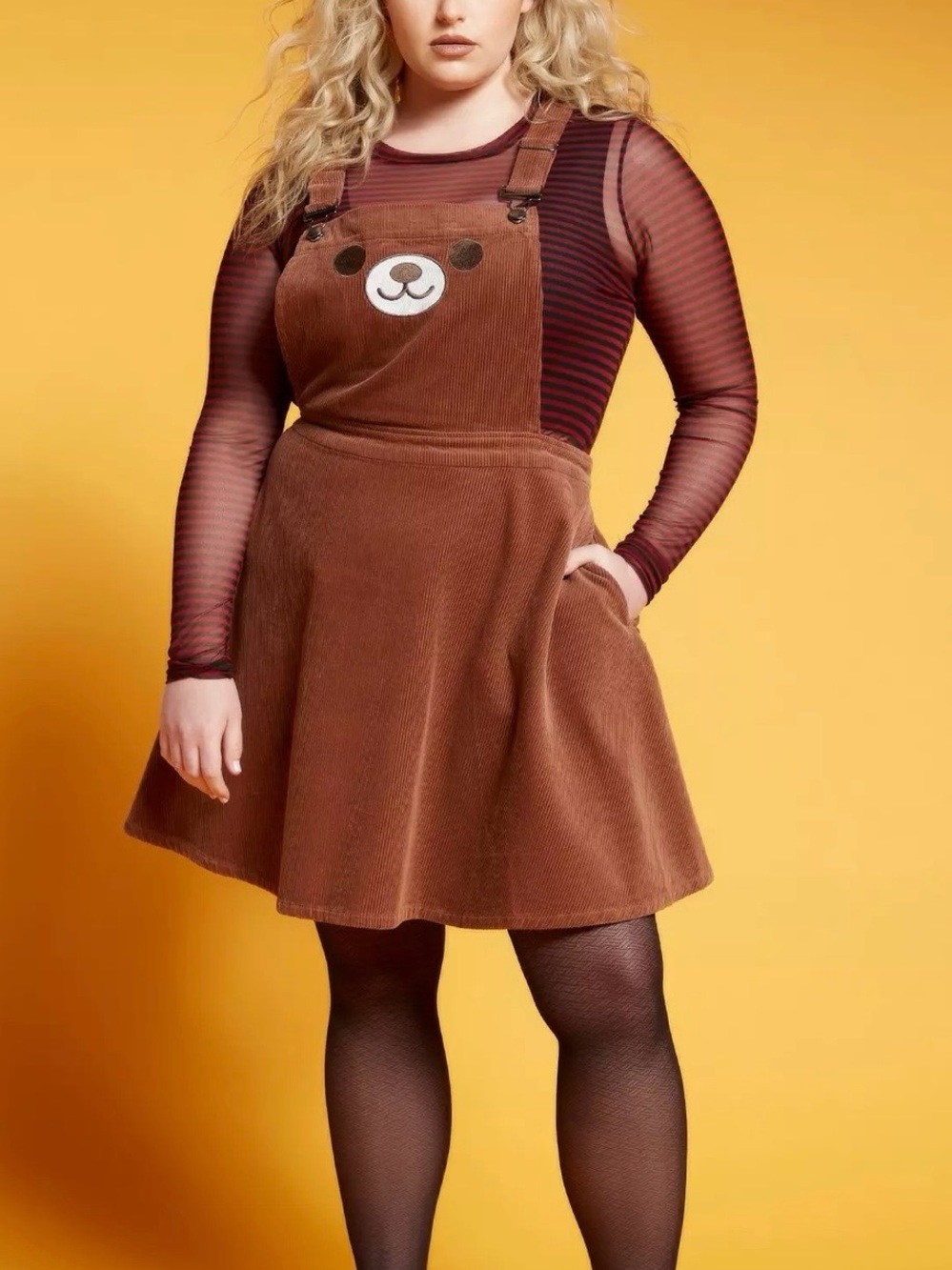 Hot Topic Brown Corduroy Bear Pinafore Skirtall Mini Dress L 90s Y2K
